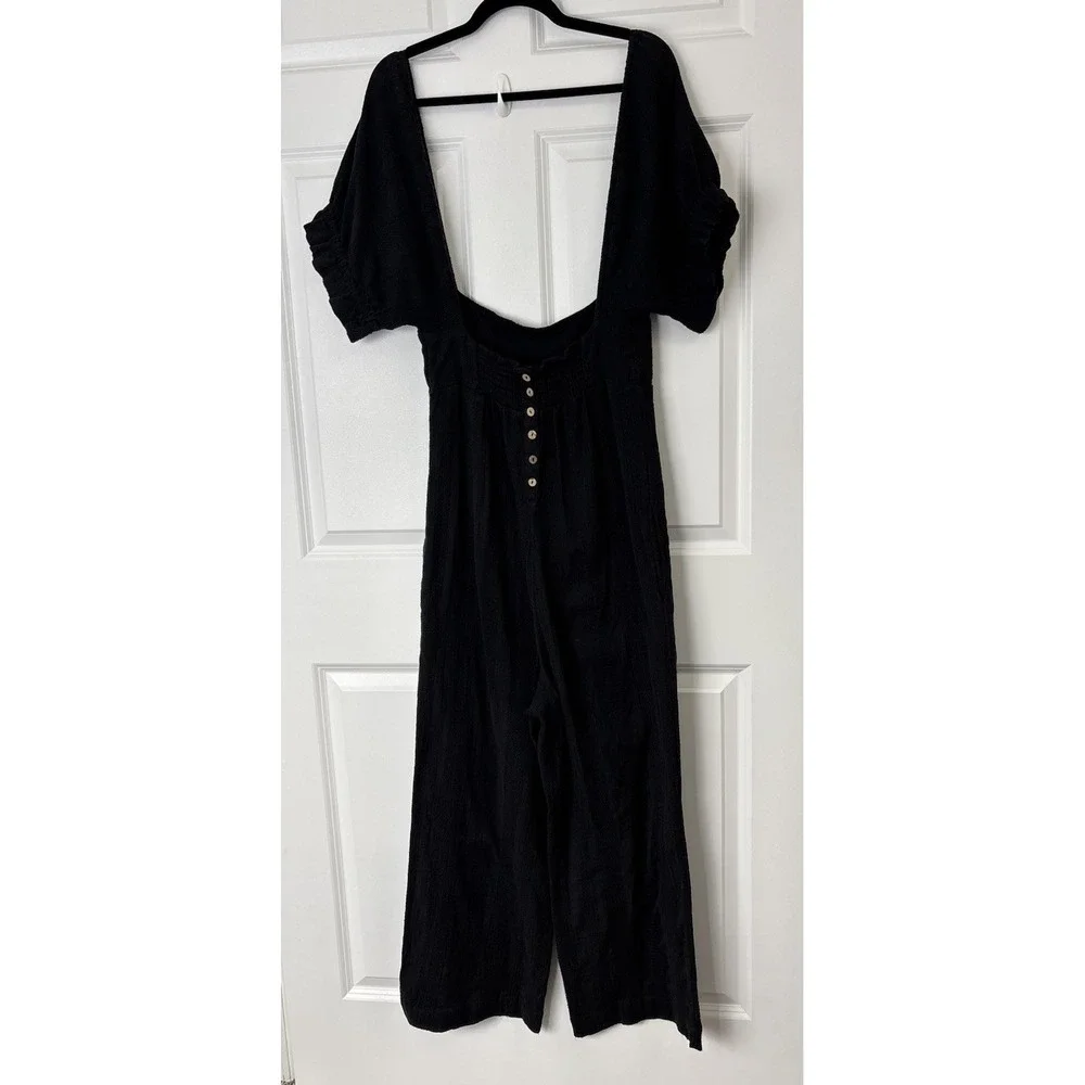 Free People Women's S‎ Black The Ideal Jumpsuit Wide Leg Cotton Line 0285